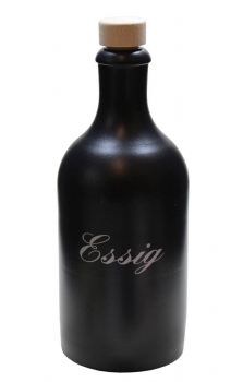 Steinzeugflasche 500ml schwarz-matt, bedruckt mit "Essig" silber, Mündung 19mm inkl. pasendem Holzgriffkork natur